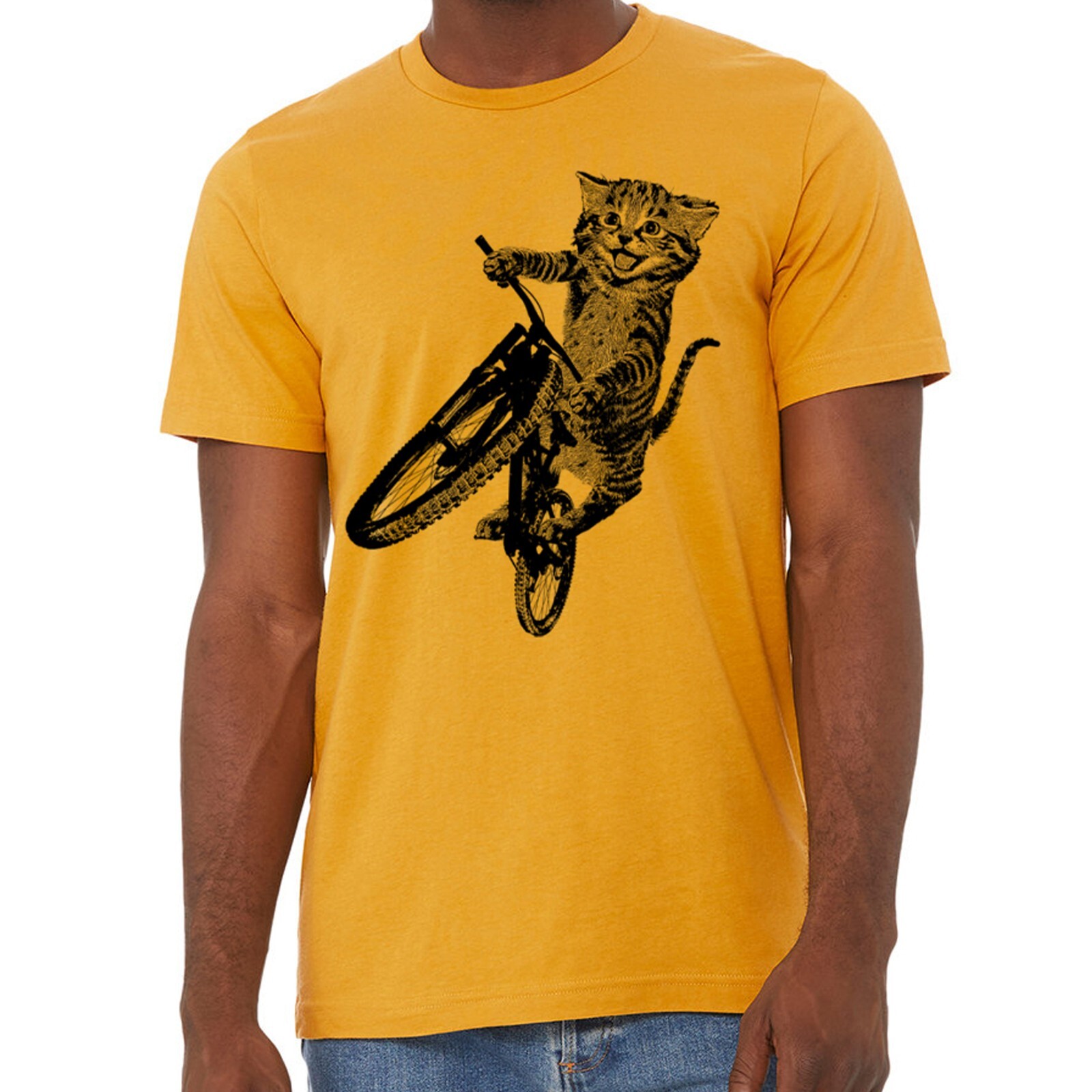Cat Riding a Bicycle men’s Tshirt- Kitten Wheelie Tee shirt- Eco Friendly