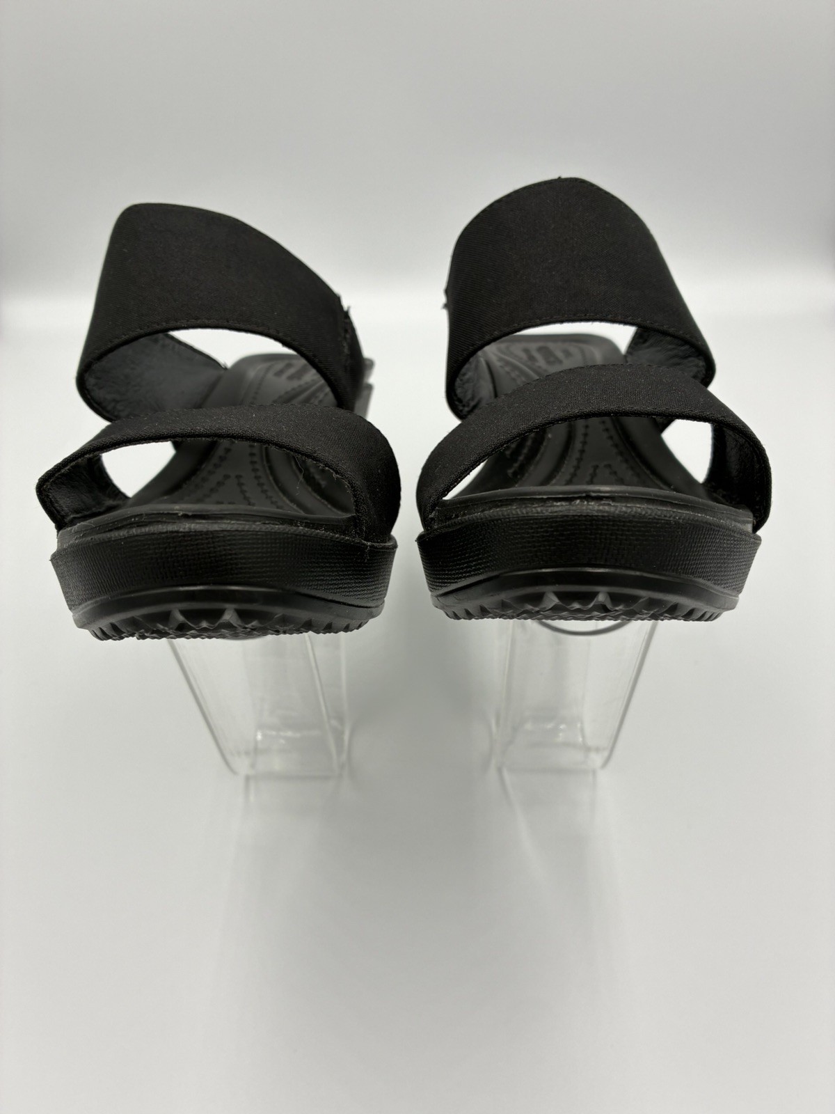 Women’s Crocs Leigh II Cross-Strap Wedge Sandals Black Canvas Platform Slides 8