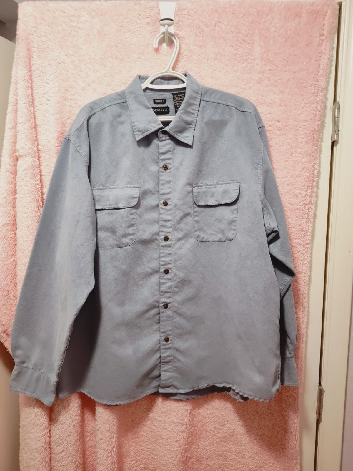 George Men’s XL Blue Sueded Polyester Solid Long Sleeve Button-Up Pockets