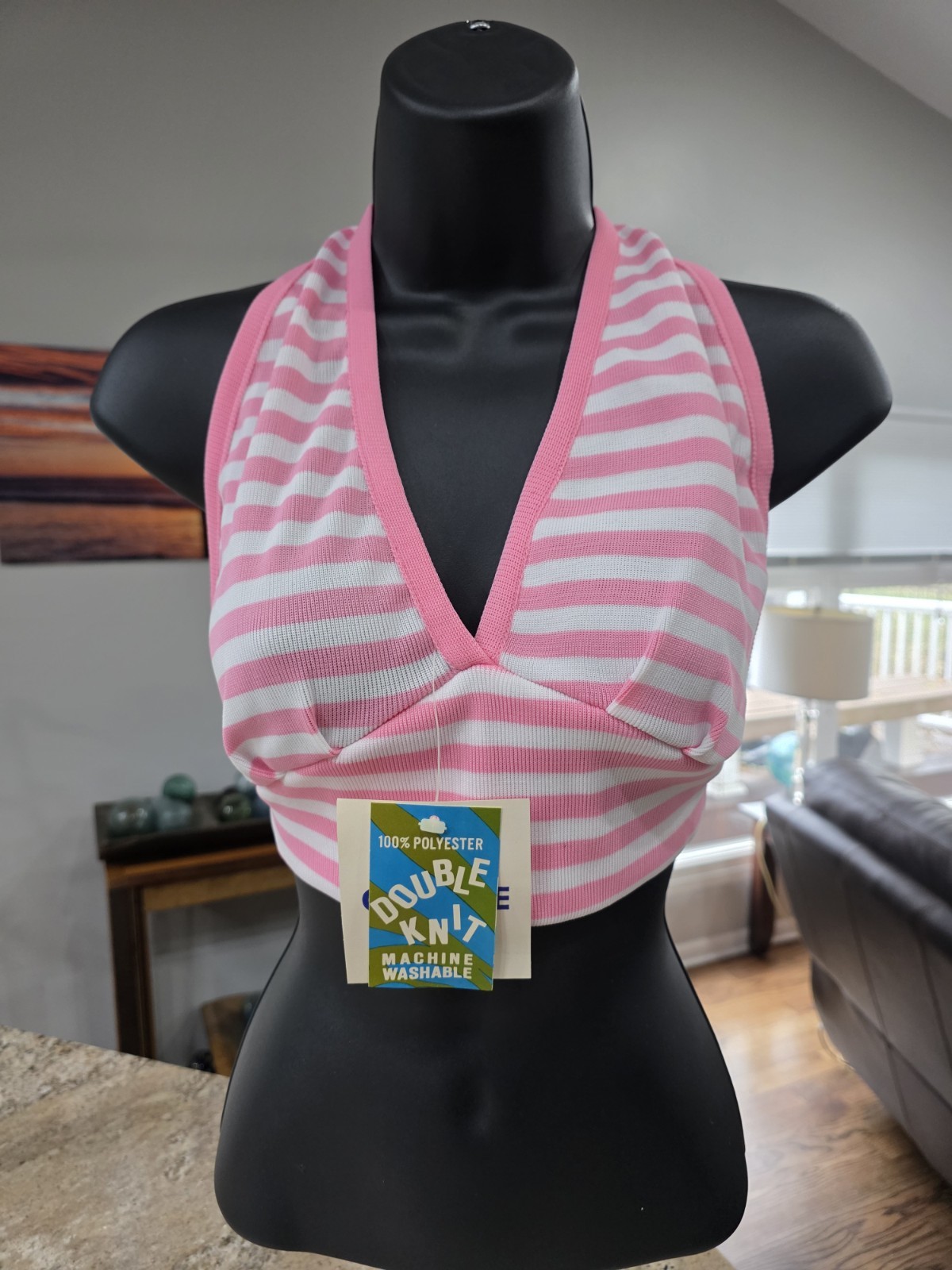 NOS Vtg 1970s Halter Top Double Knit Deadstock One Size Fits All Blue / White