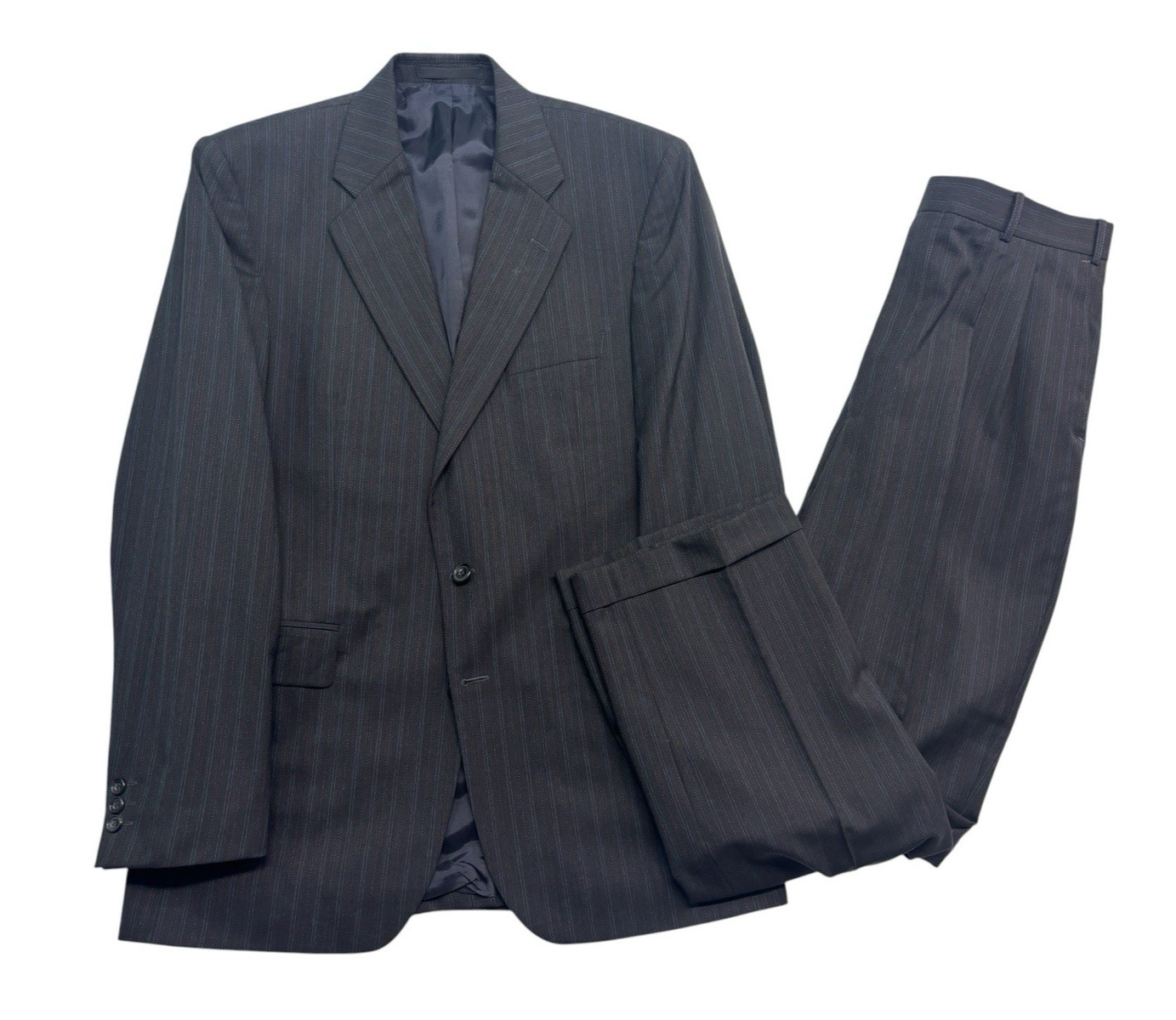 Alexandre London Savile Row 42L 34×32 Black Stripe 2pc Pant Suit Wool Pleated