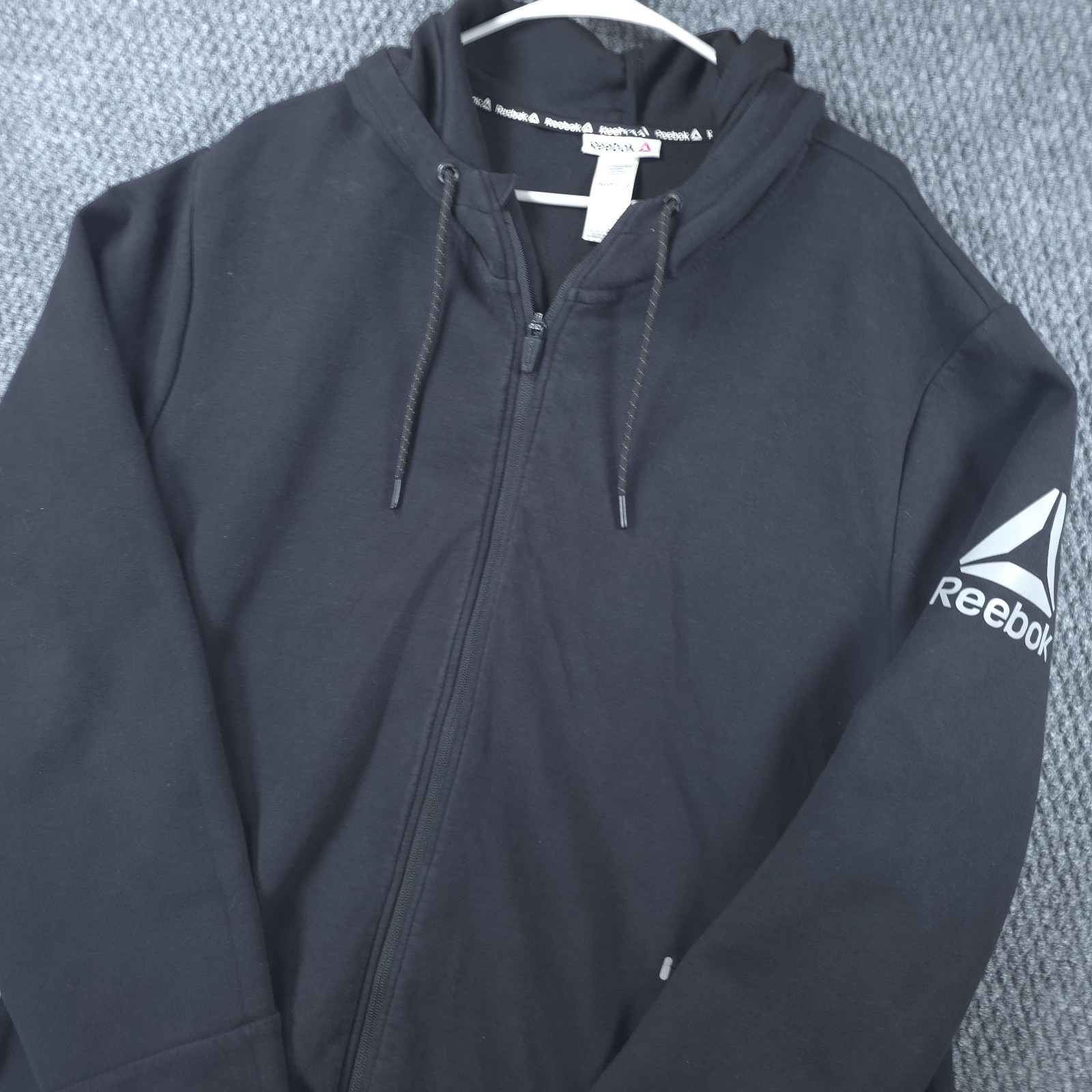 Reebok Full Zip Hooded Performance Jacket Mens XXL Black Athletic Reflective Gym