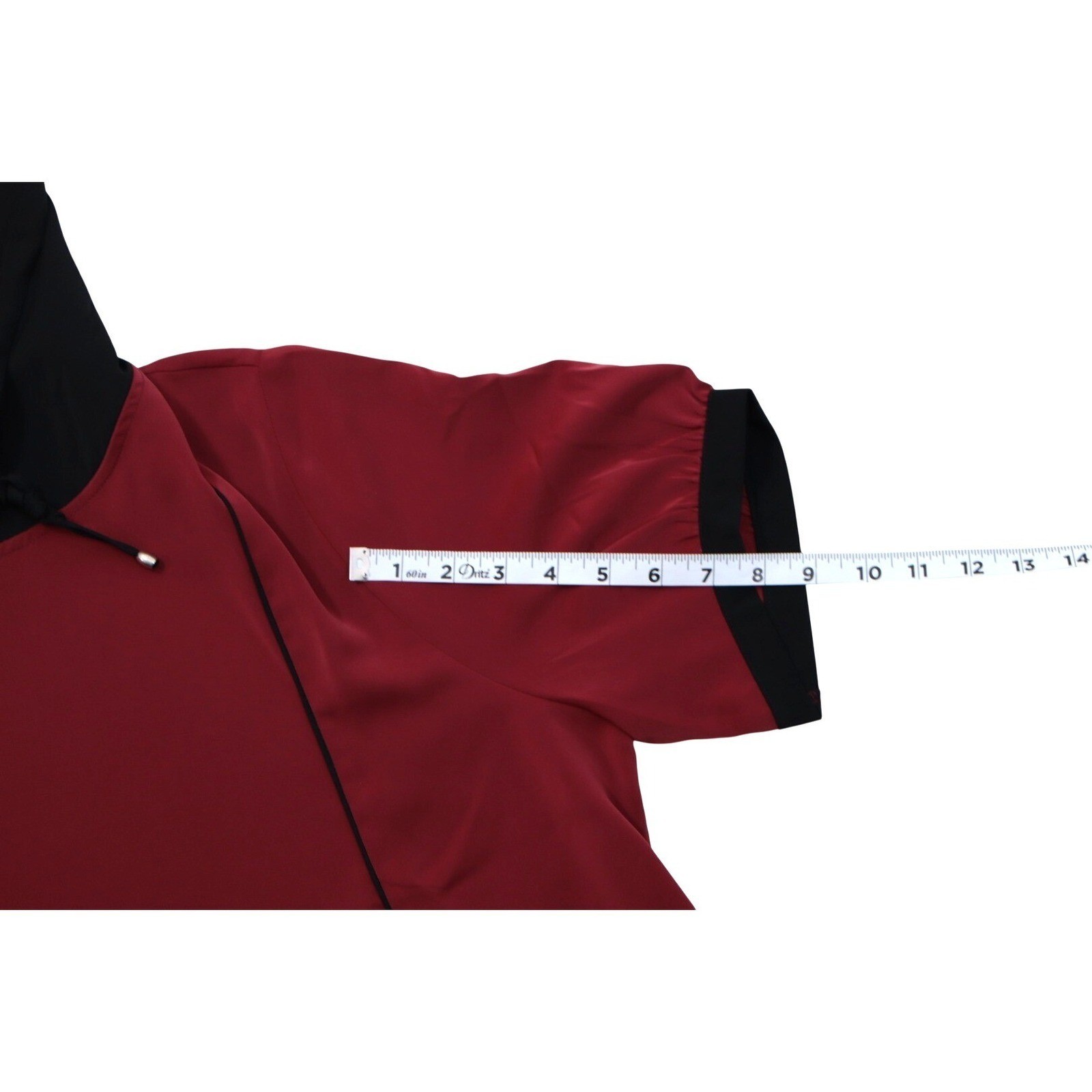 Women Silk Blend Hooded Blouse Burgundy Red Black Piping Short Sleeve Top 4XL