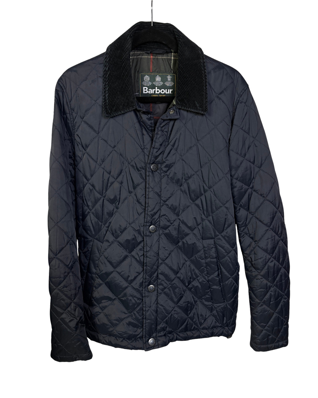 Barbour Classic Tartan Mens Quilted Jacket Navy Blue Corduroy Collar Medium