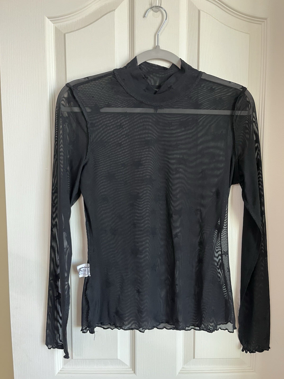 Women’s Size S Black Sheer Mesh Mock Neck Long Sleeve Star Print Ruffle Top