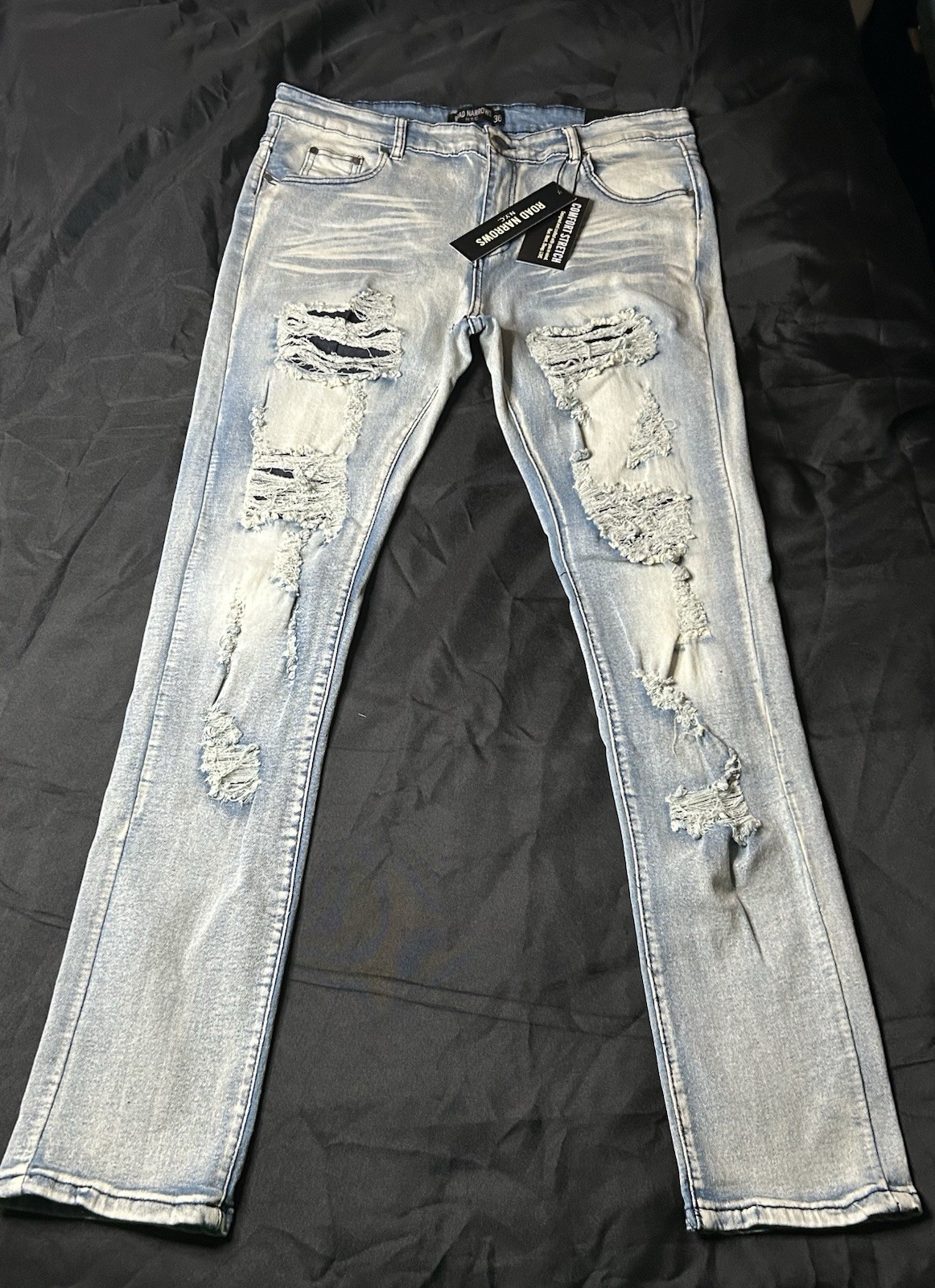 Road Narrows Men’s Blue Light Wash Slim Skinny Distressed Denim Jeans Size 36
