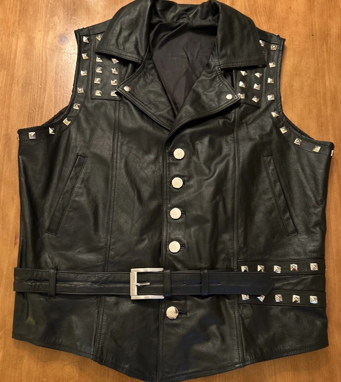 Handmade Studded Leather Vest Men’s US XL Belted Rocker Biker Punk Heavy Metal