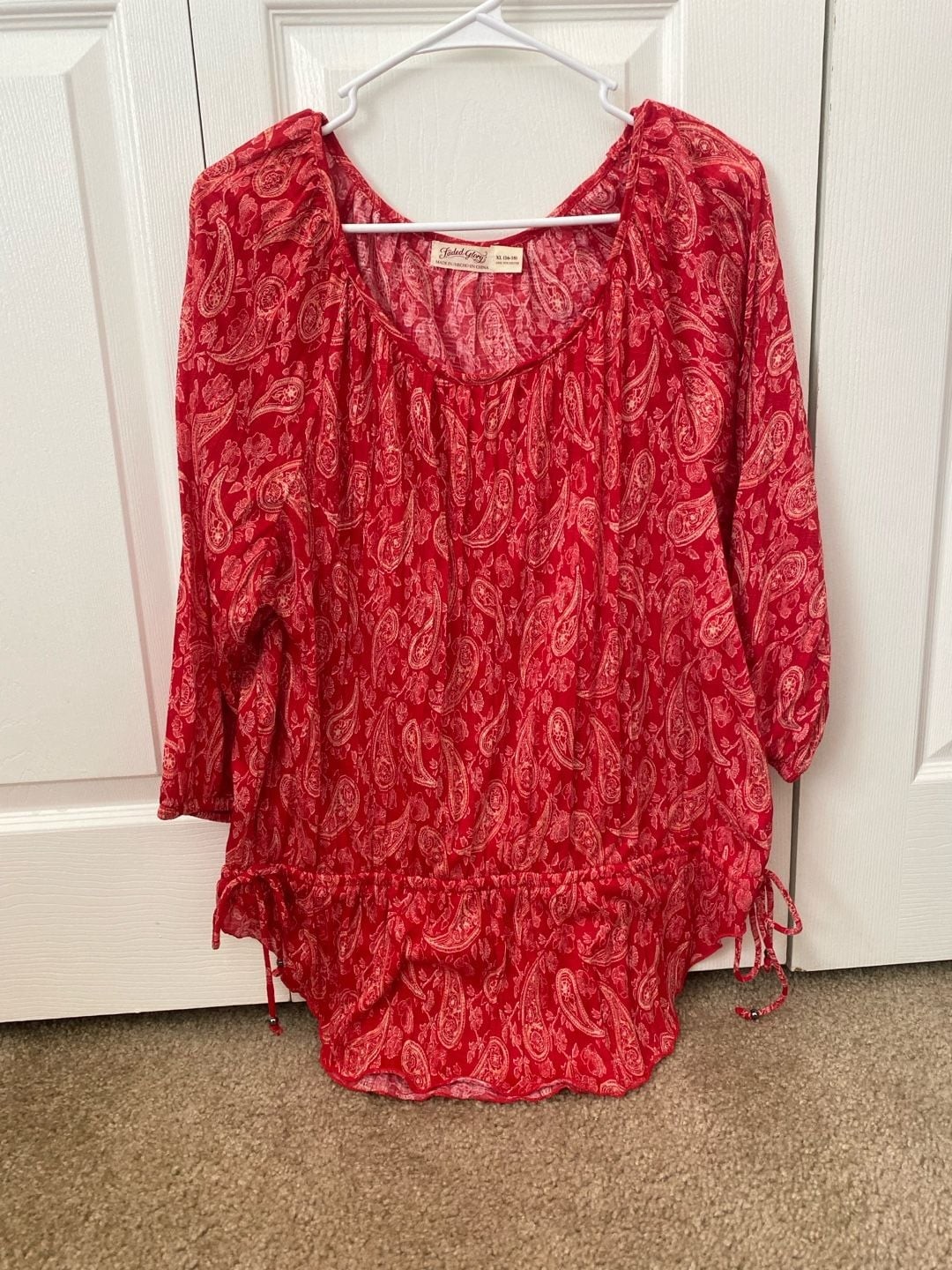 Faded Glory Plus Size XL 16-18 Red Paisley Boho Peasant Blouse