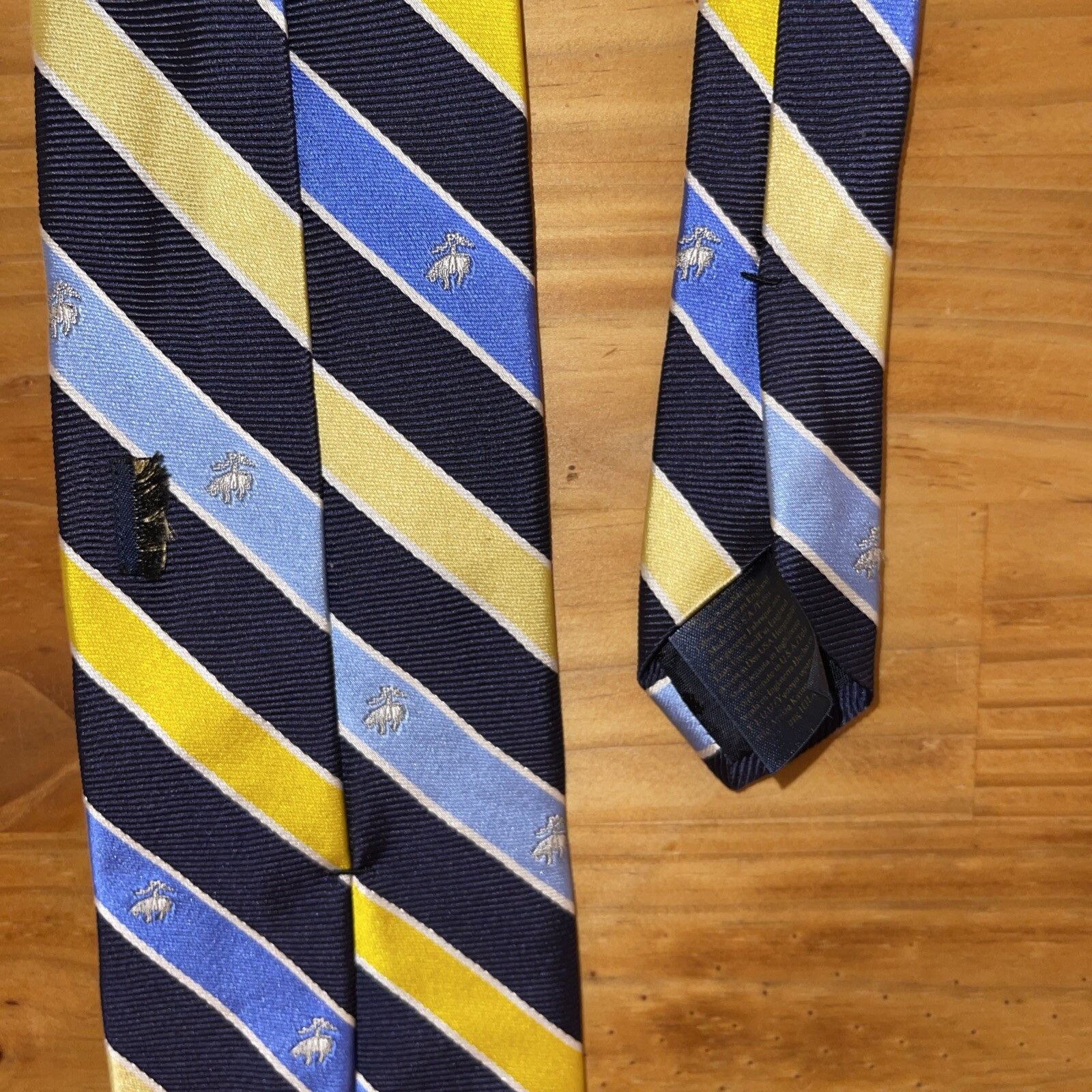 Brooks Brothers Neck Tie Men Logo Striped Yellow Navy Blue Repp