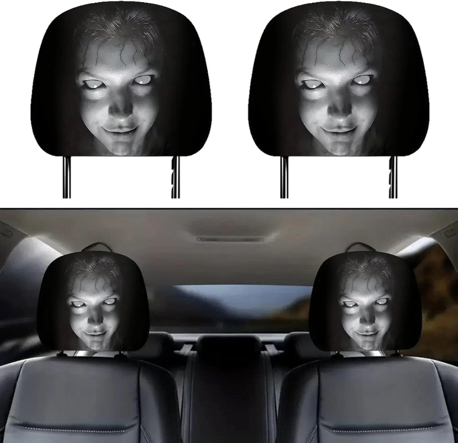 2 Pcs Car Headrest Covers With Funny Cartoon Print,For Auto Interior Decoration.