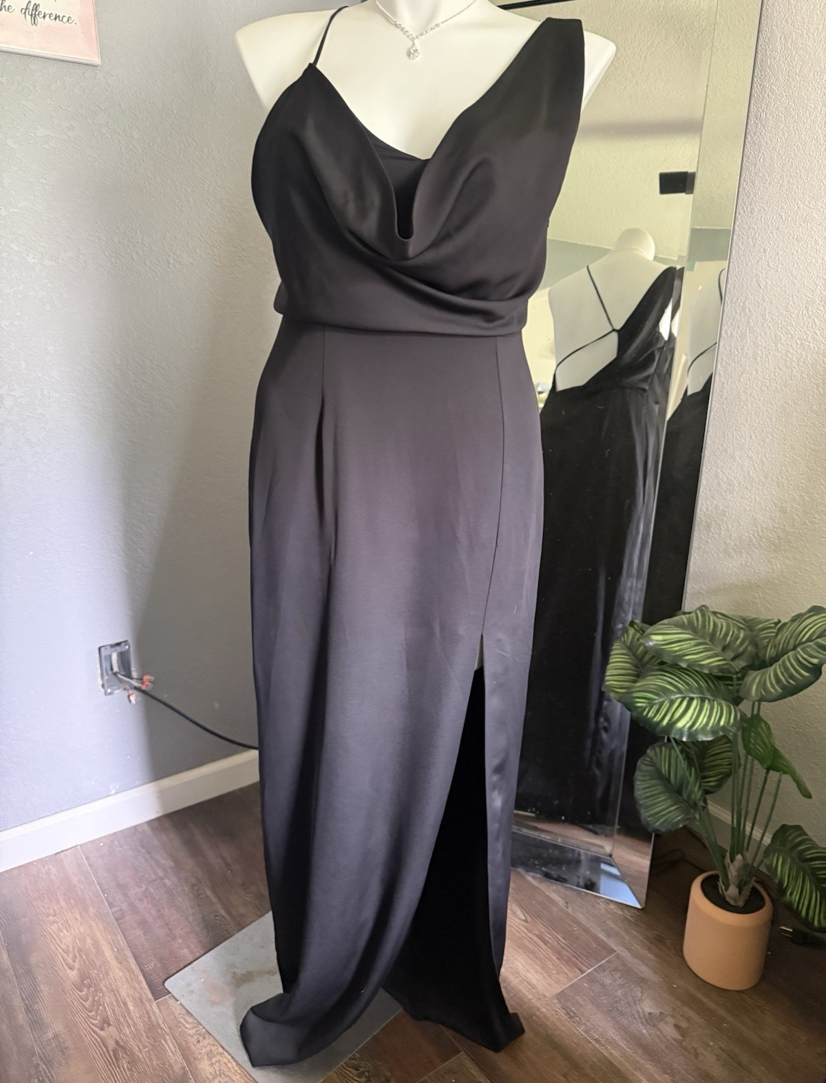 Lulus Black Satin Slip Maxi Dress XL Cowl Neck Spaghetti Strap Open Back Slit