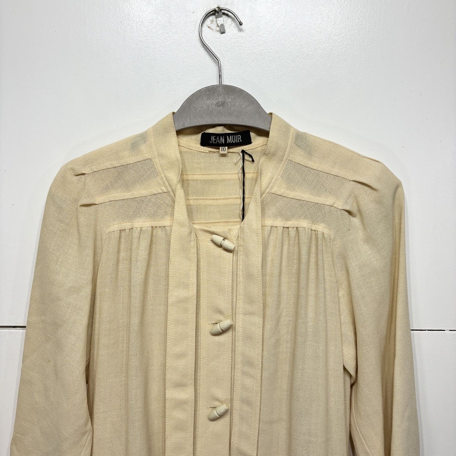 Jean Muir Dress Vintage Yellow Toggle Button Neck Tie Shoulder Padded UK 10