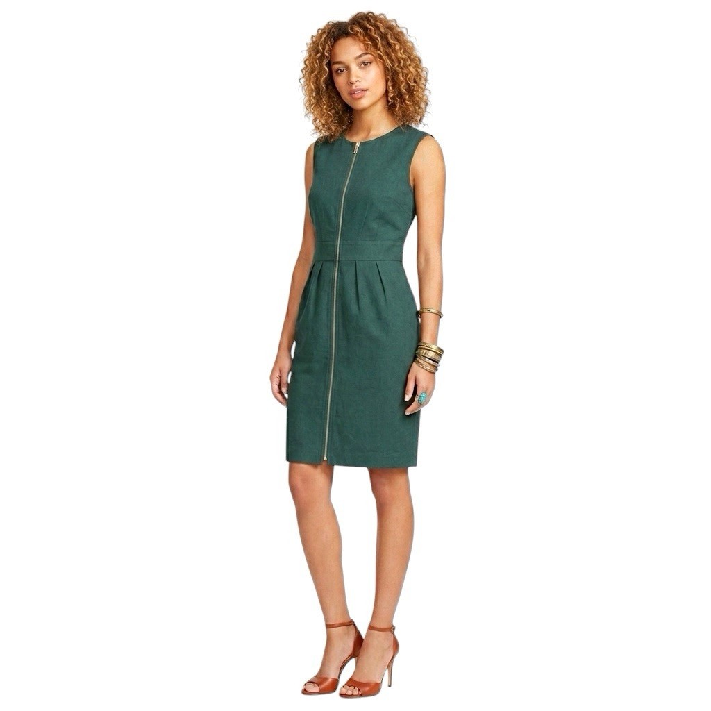 Laundry By Design Green Front Zipper Sleeveless Dress Office Career Retro Sz 6