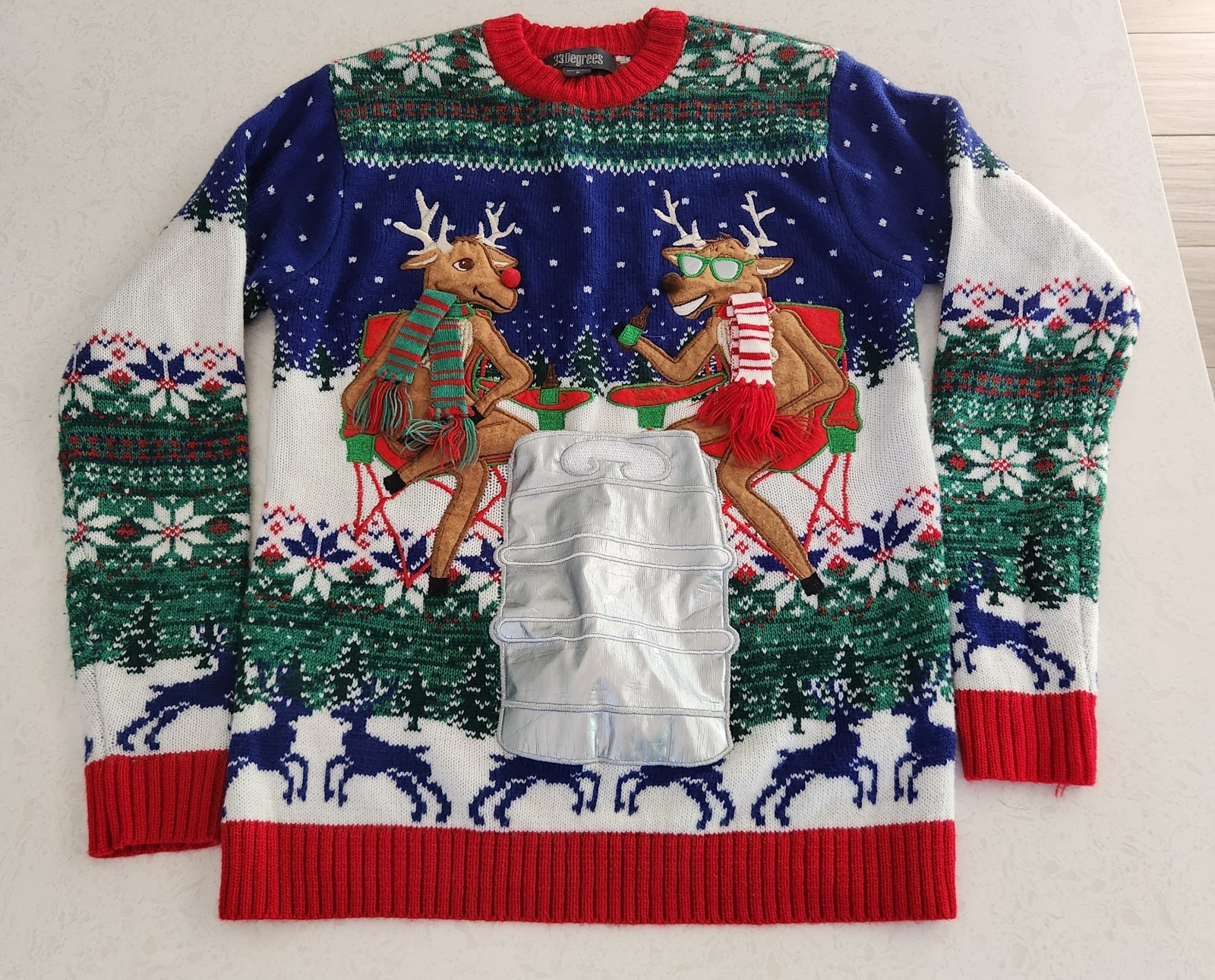 Ugly Christmas Sweater 33 Degrees Holiday Reindeer Beer Bottle Pocket Sz S