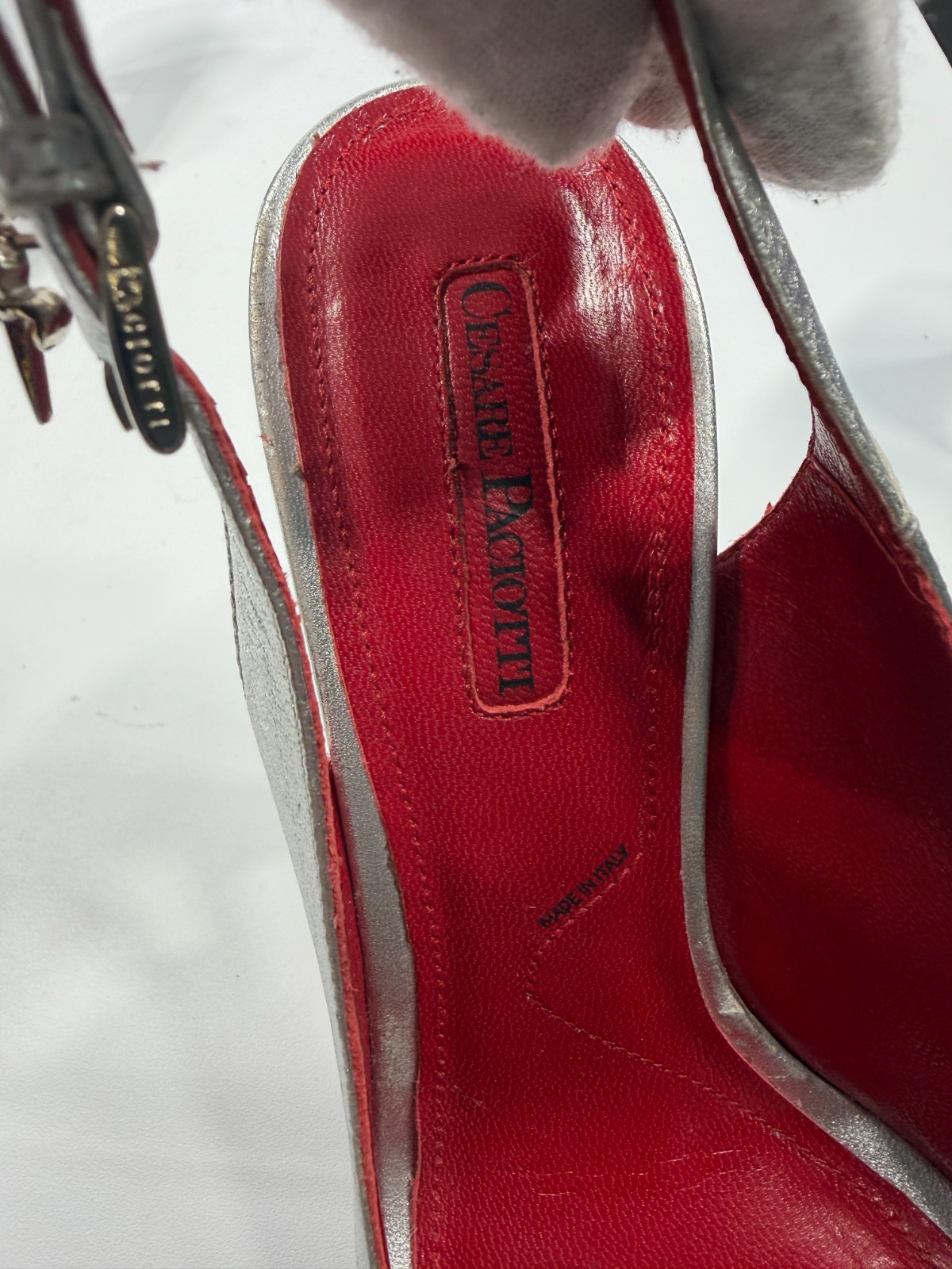 Cesare Paciotti Silver Leather Platform Slingback Heels Shoe 37.5 Dagger Buckle