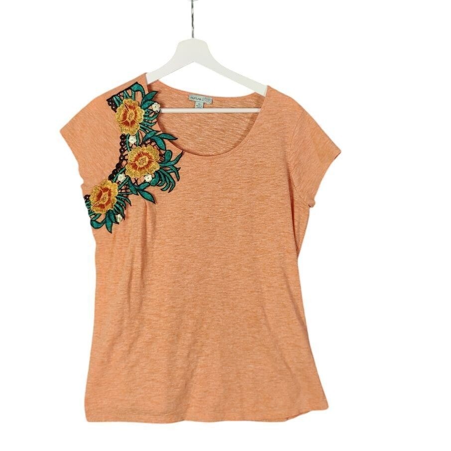 Nurture Womens Romantic Cottage Earthy Floral Applique Top XL Peach Embroidered