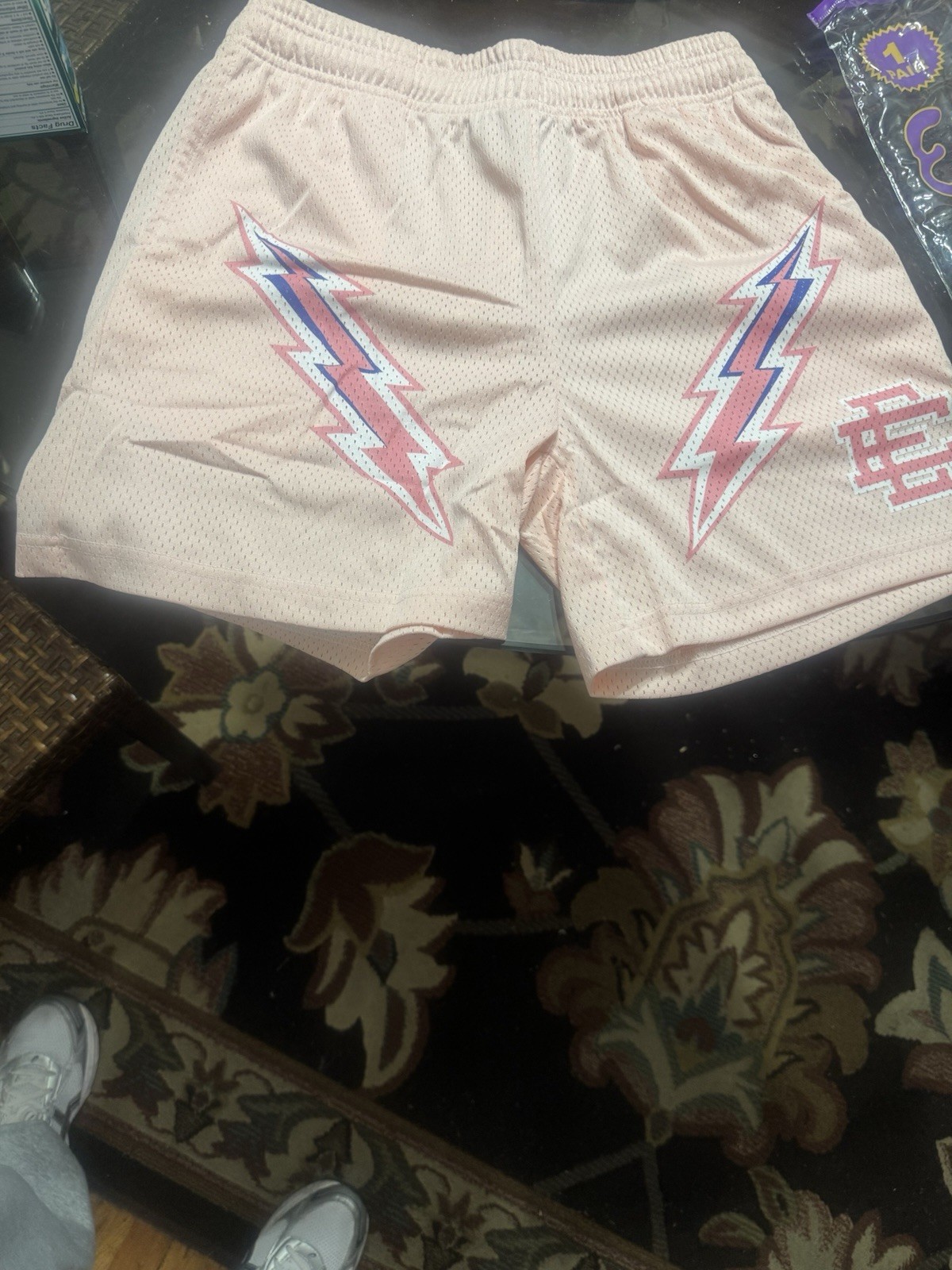 Eric Emanuel Men’s Pink Mesh Polyester Drawstring Athletic Shorts Logo, M