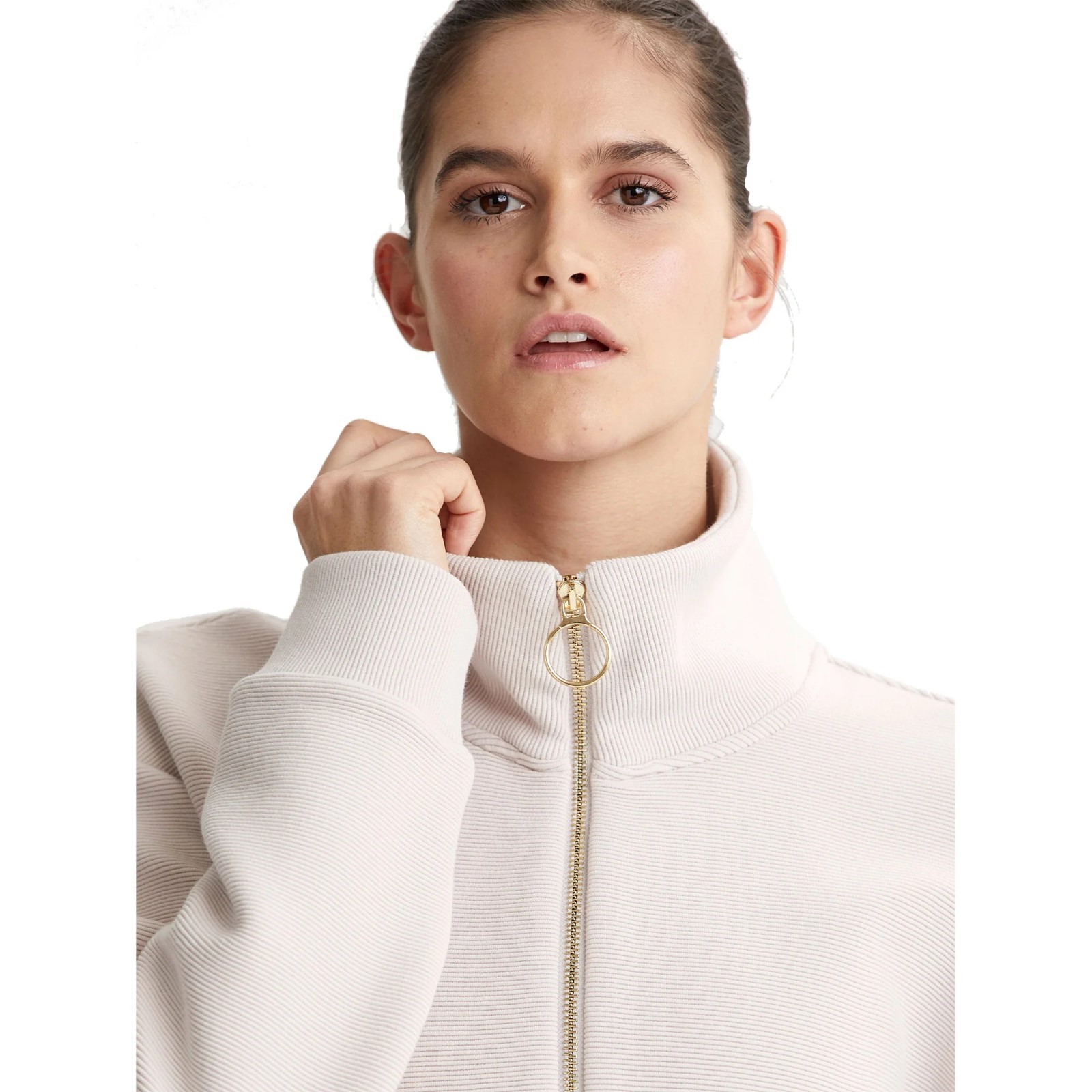 Varley Bloomwood Ribbed Mock Neck Zip Up Jacket in OaK Milk Size S