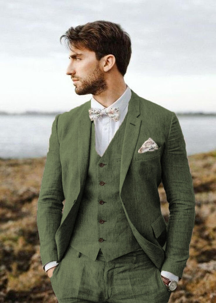 Men Multi Color Linen 3 Piece Suit Notch Lapel Summer Wedding Formal Outfit