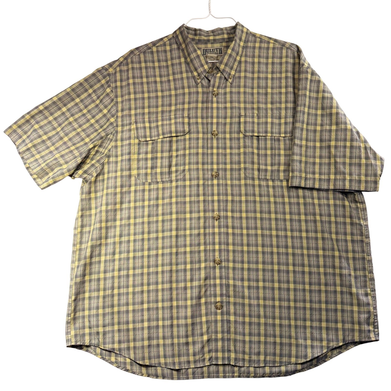 Duluth Trading Co Mens 2XL Plaid Short Sleeve Button Down Shirt Yellow Grey