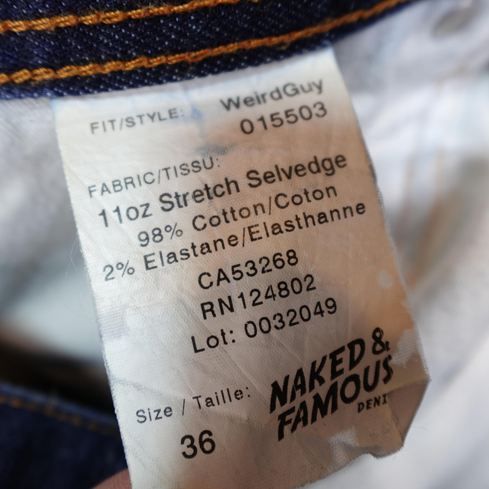 Naked & Famous Jeans Mens 36×32 Blue Weird Guy Selvedge Stretch Denim Pants