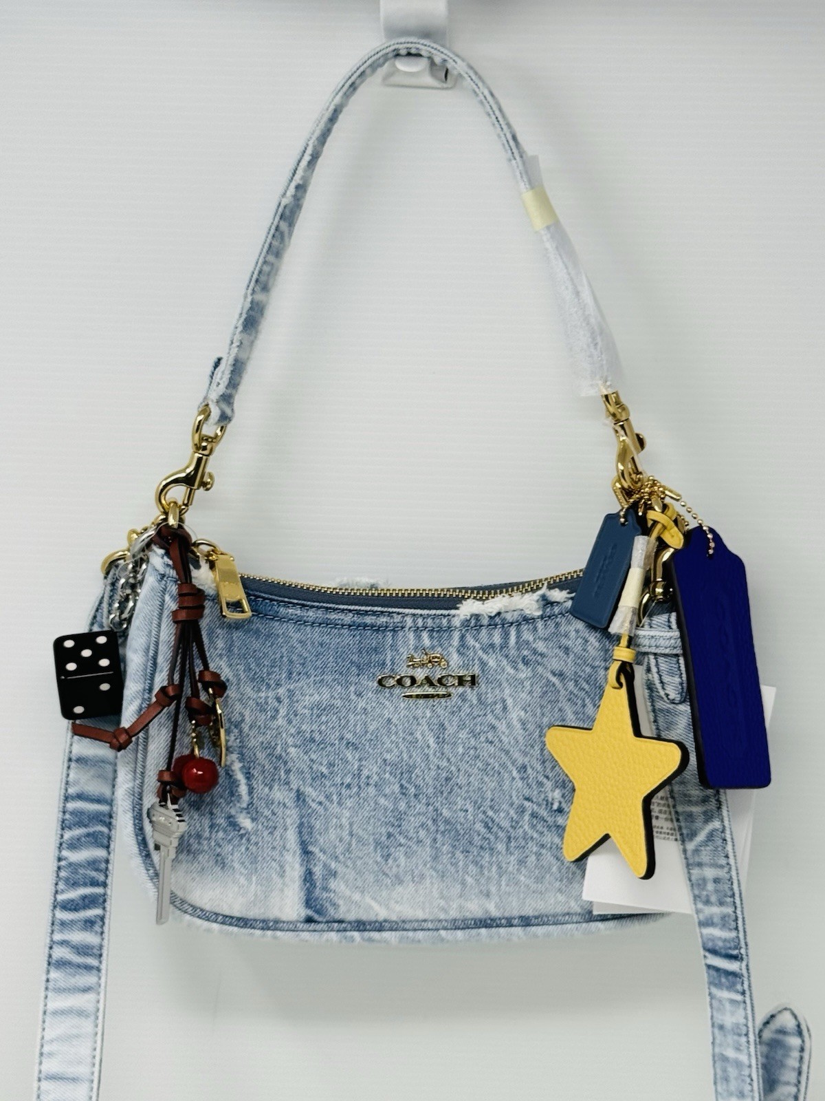 NWT COACH CDY76 Teri Shoulder Bag In Loved Denim With Charms /Light Indigo