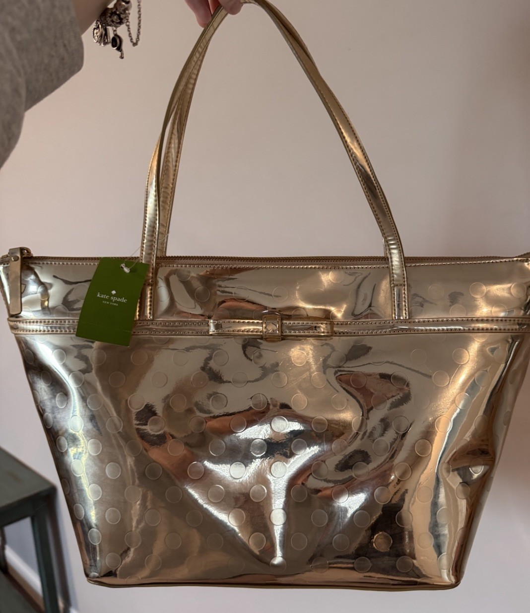 NWT Camellia Street Sophie Kate Spade NY Metallic Gold Polka Dot Large Tote Bag