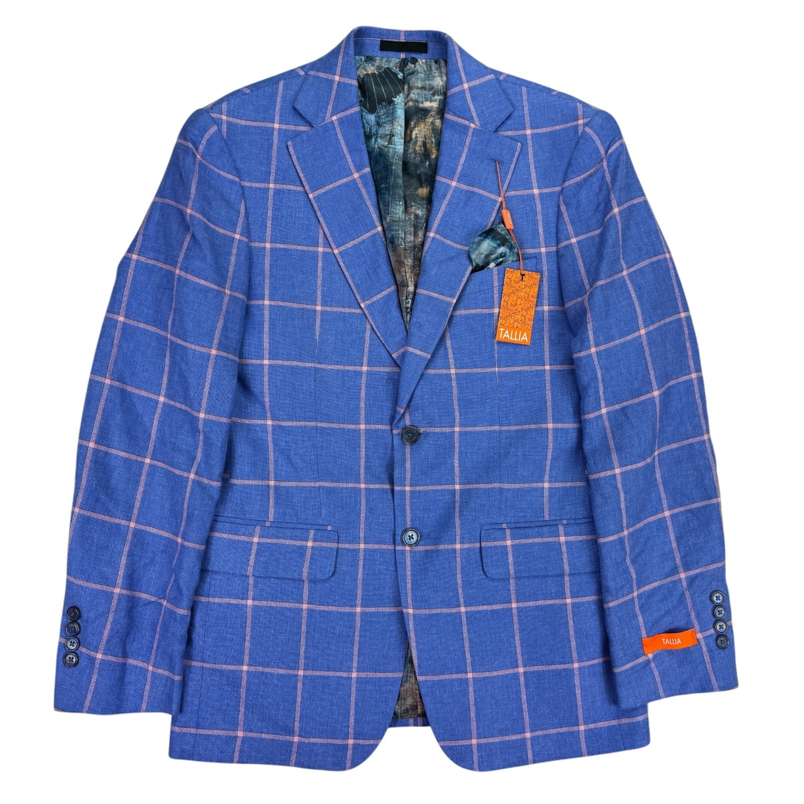 Tallia Mens Slim Fit Linen Rayon Windowpane Sport Coat Blue Pink 38R
