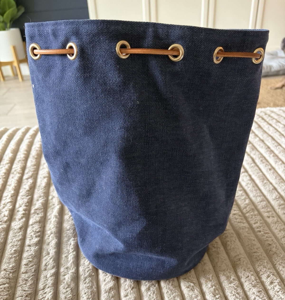 Quaker Marine Supply Blue Bucket Drawstring Bag Brown Leather Strap Gold HW