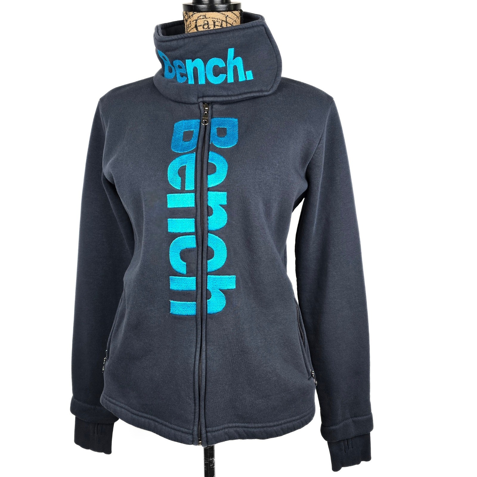 Bench Full Zip Grey Funnel Neck Teal Logo Thumbhole Sweatshirt Womens M