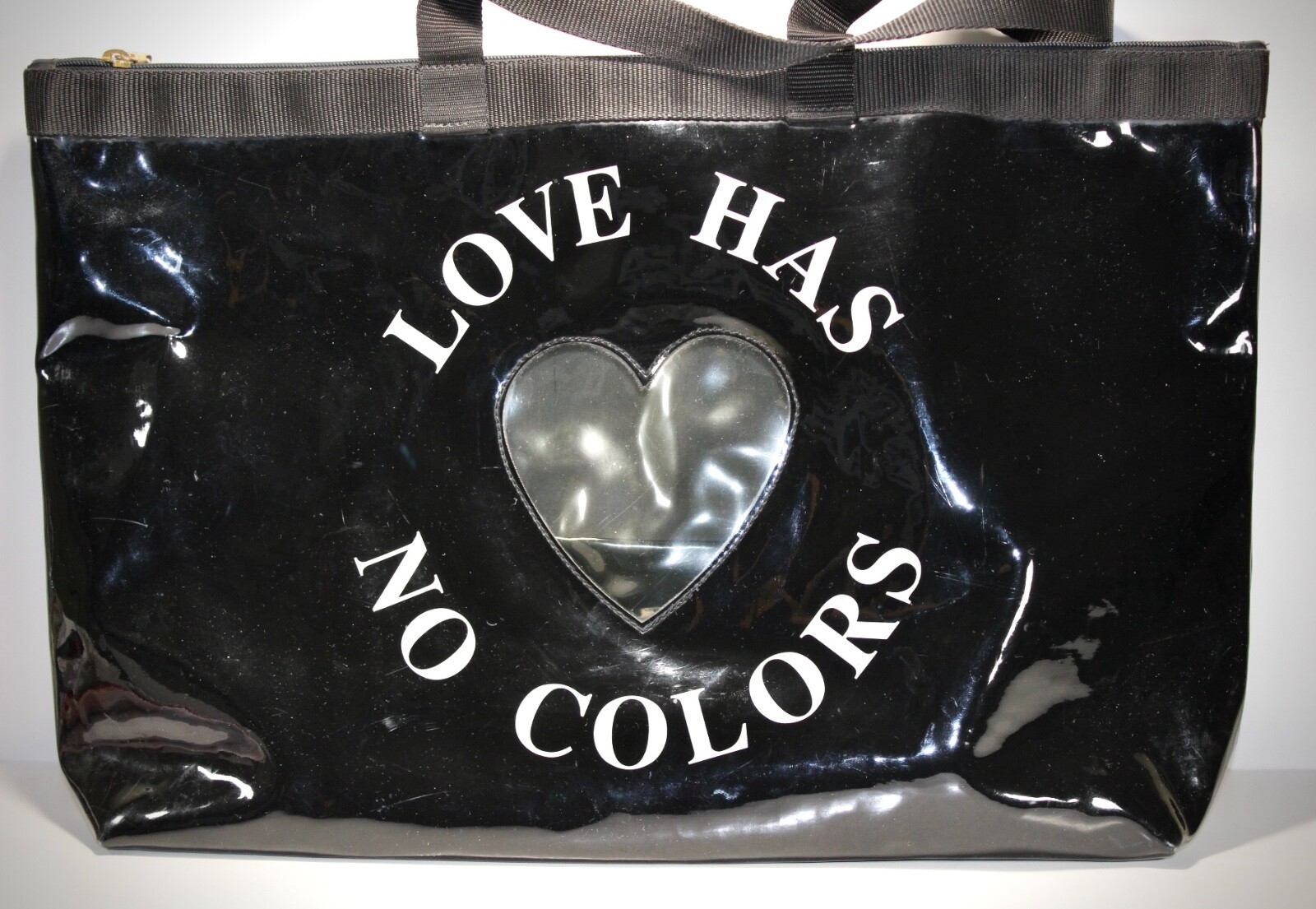 MOSCHINO Redwall Large Black Enamel Tote Bag Hand Bag See Thru Heart Italy