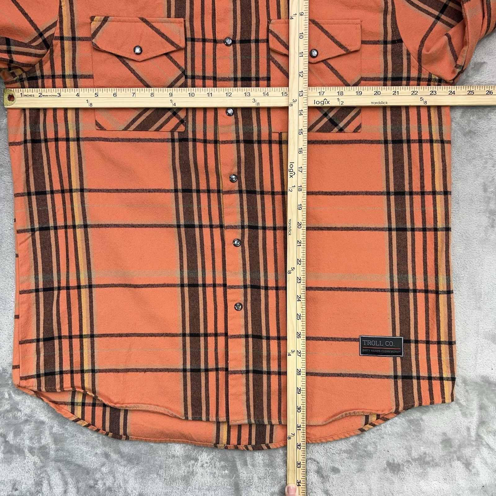 TROLL CO Men’s XL Flannel Shirt Orange Plaid Pearl Snap Street Workwear Utility