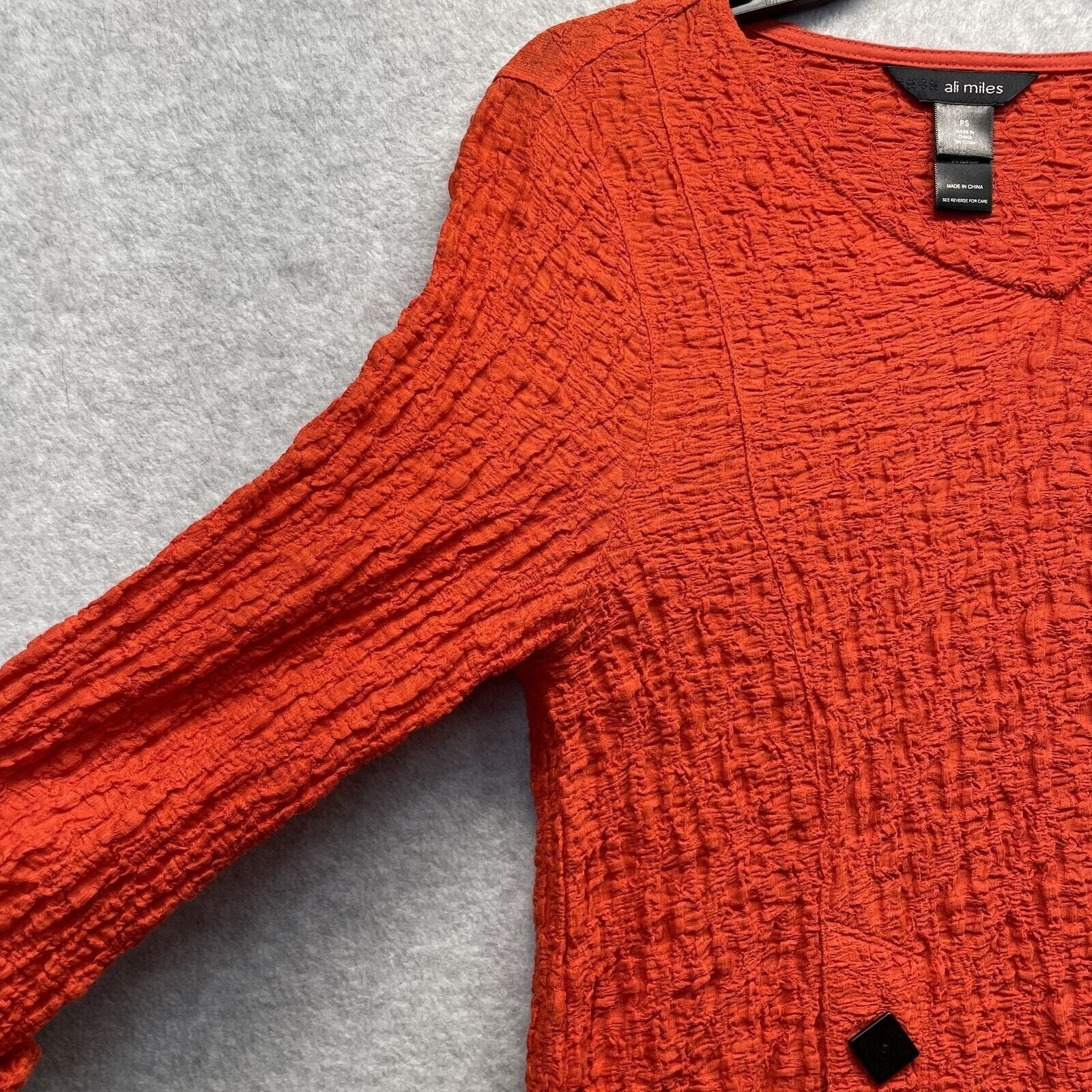 Ali Miles Textured Crinkle Top Womens Petite Small Red Blouse Roll Tab Sleeve