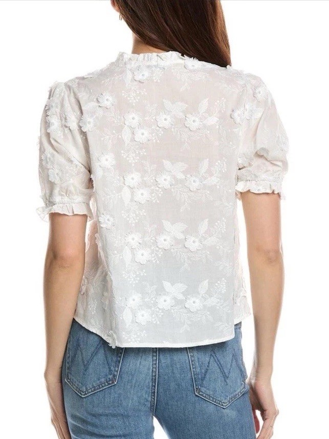 Nanette Lepore White Floral Eyelet Embroidered V-Neck Blouse Sz S Bridal Sheer