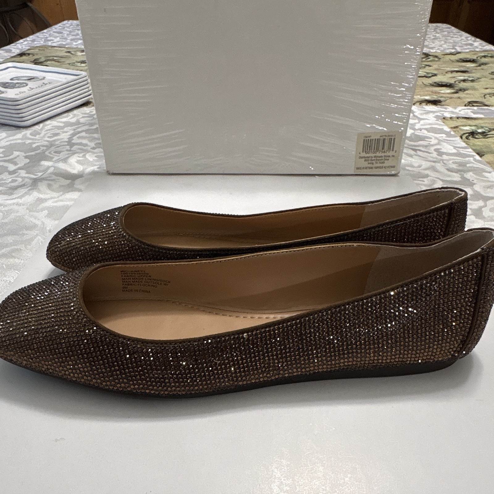 INC Bronze Fabric Rhinestone Ballet Flats Slip-On Almond Toe Women’s US 9