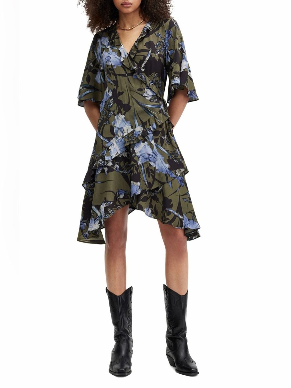 AllSaints Olive and Blue Floral High-Low Wrap Dress 100% Viscose