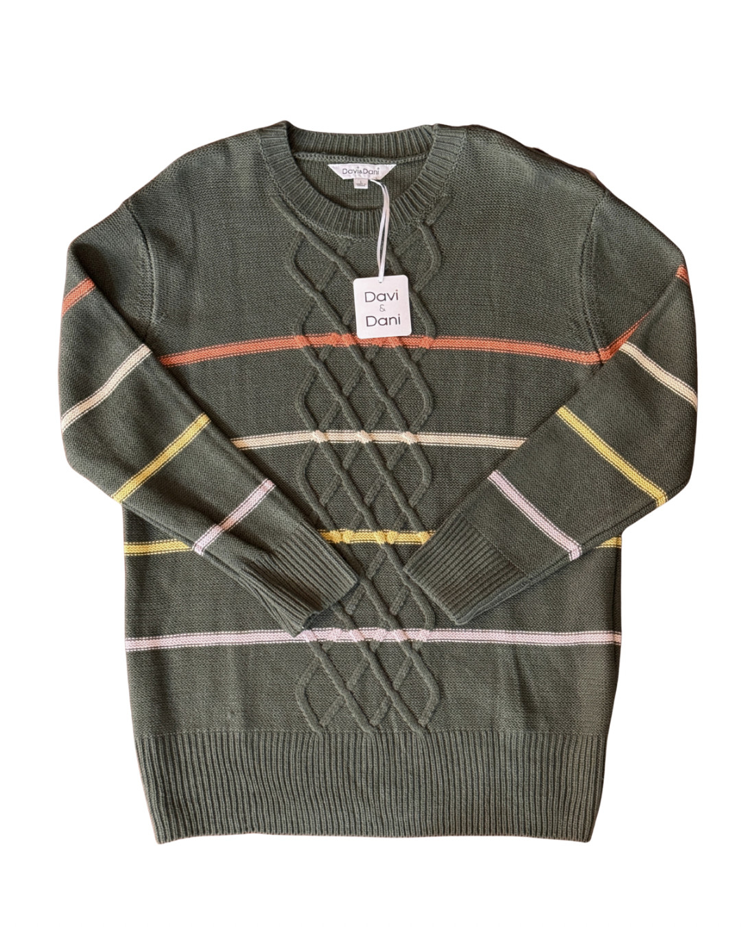 DAVI & DANI ARMY GREEN STRIPE CABLE KNIT SWEATER SIZE LARGE – NWT