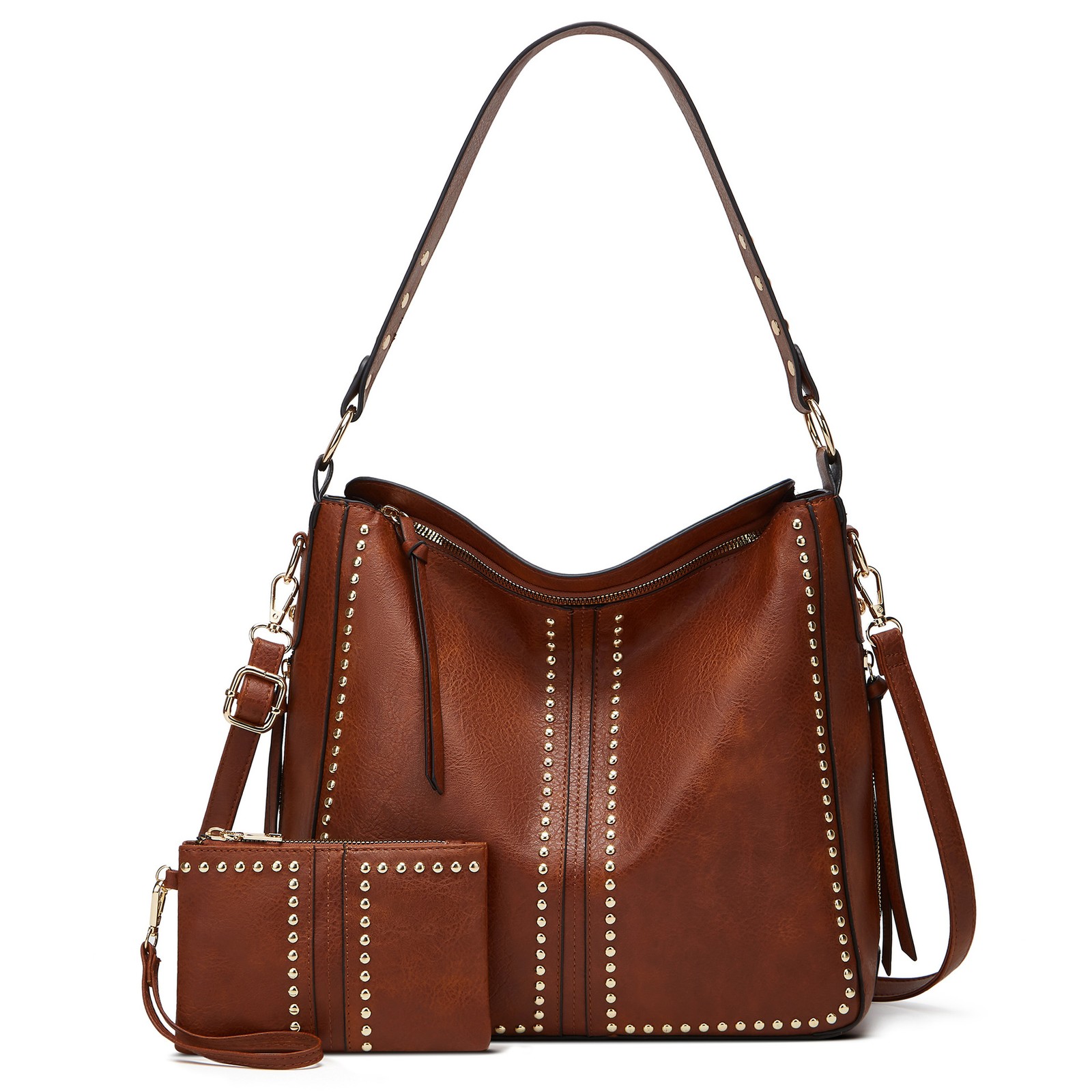 Soft PU Rivet Hobo Shoulder Bag Large Capacity Crossbody Tote Purse With Wallet