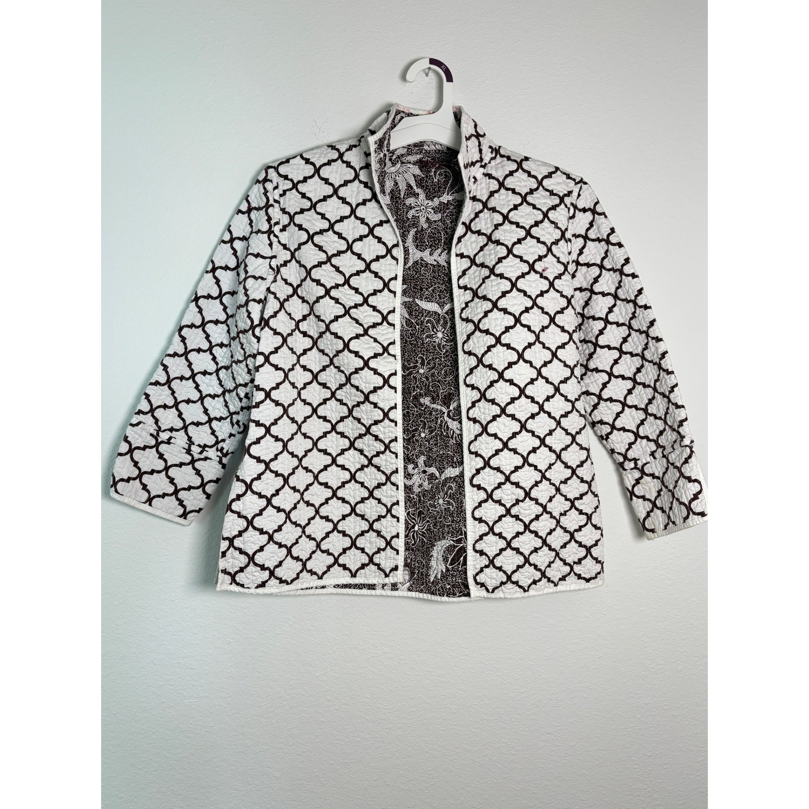 Reversible Quilted Jacket Trellis Geometric Floral Mock Neck Brown White XL