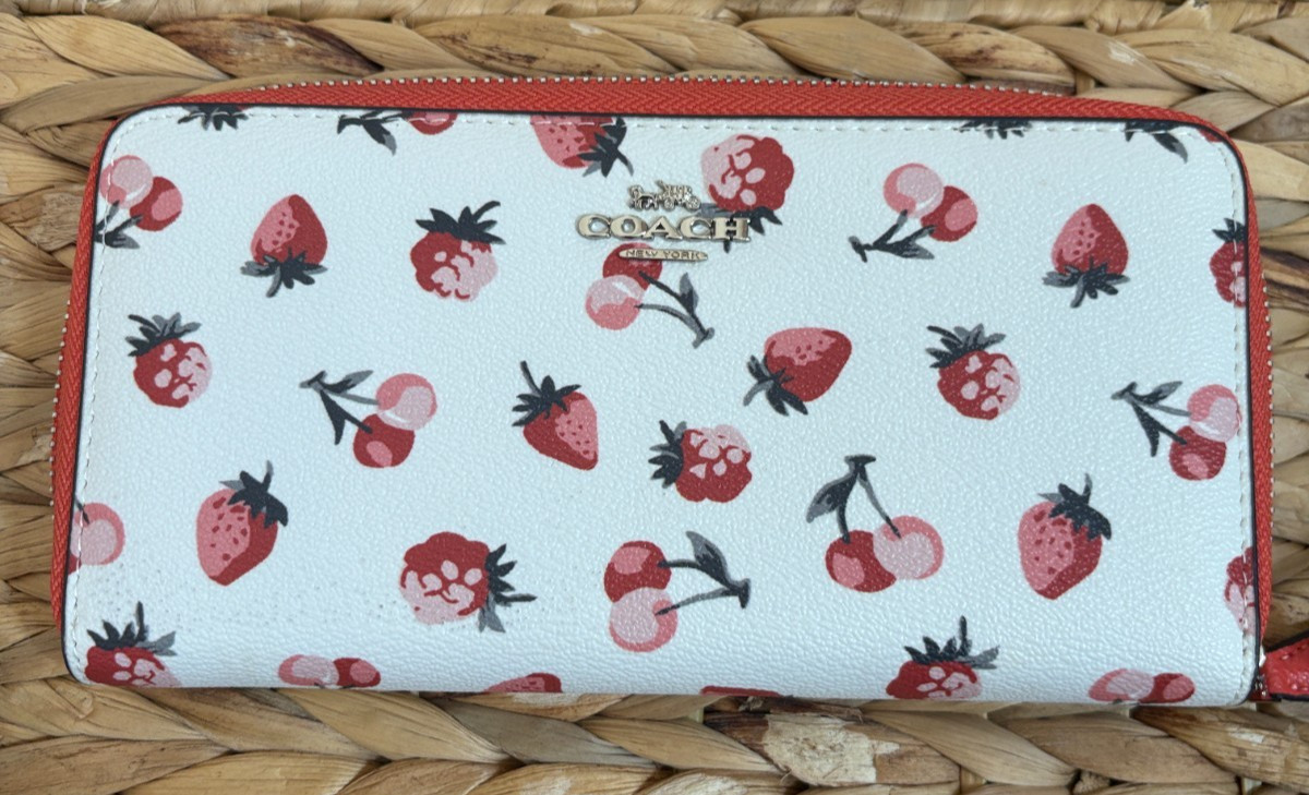Coach Fruit Print Zip Around Wallet Strawberry Cherry Raspberry Nickel Hardware