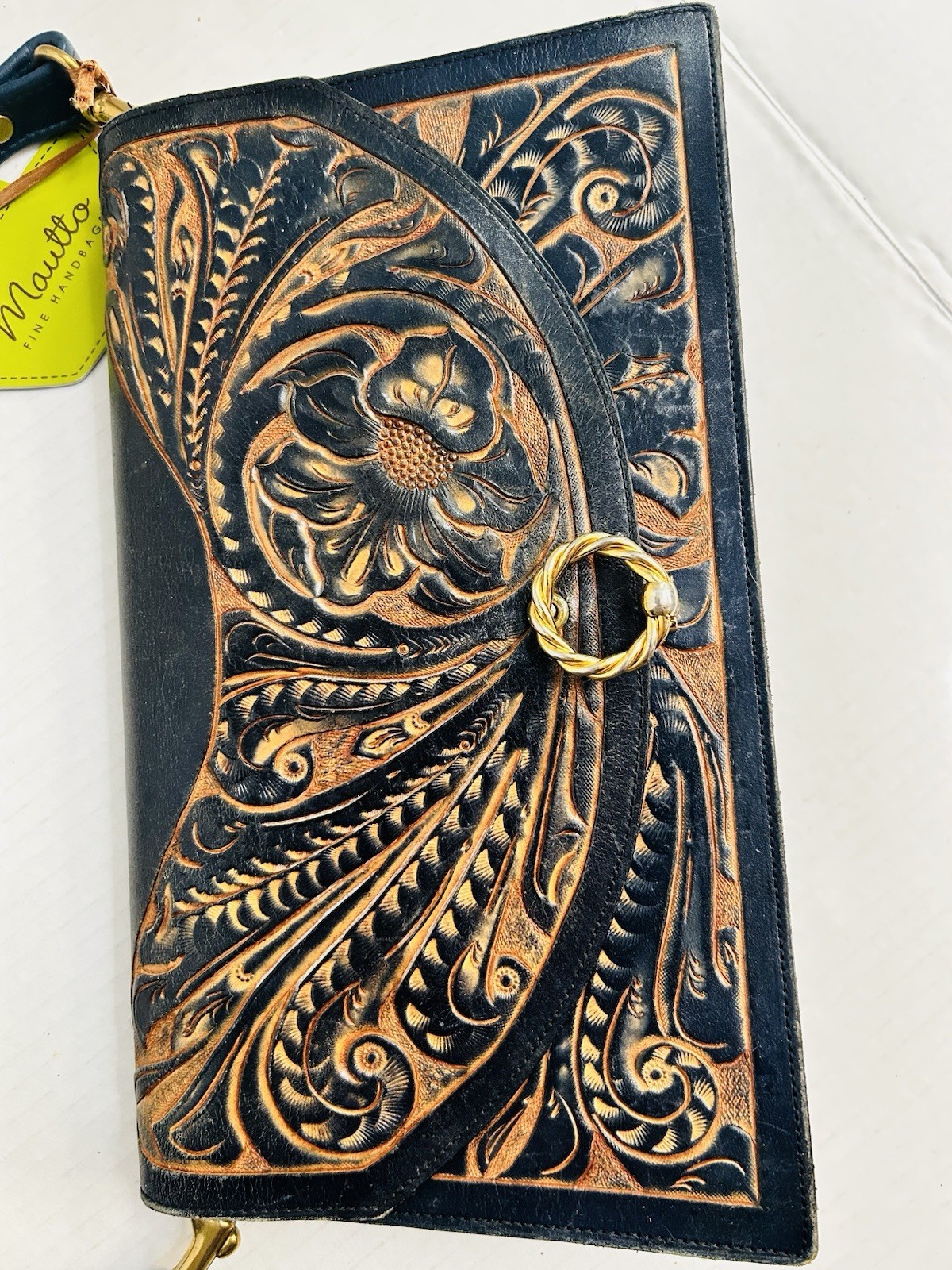 Navy Blue Hand Tooled Leather Purse Flowers Southwestern Bohemian Mautto Strap