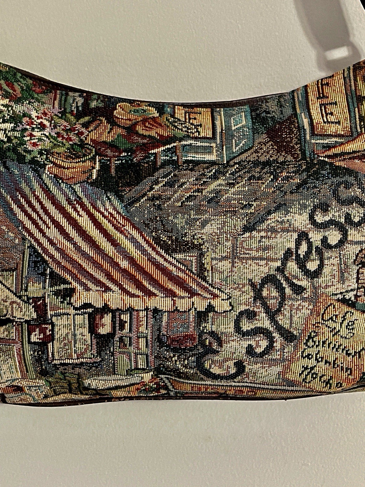 Vintage Sas Needlepoint Tapestry Shoulder Bag Purse Cafe Scene Boho Western