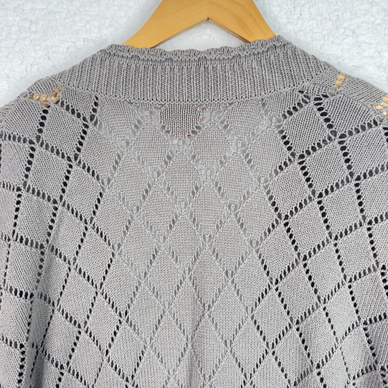 ELLE Gray Open Knit Cardigan Argyle Dolman Oversized Boho Cozy Sweater XL