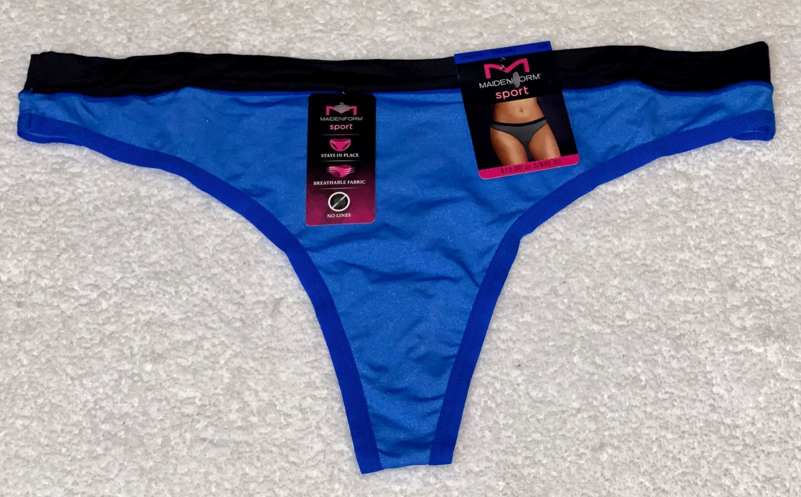 MAIDENFORM Sport Blue Black Breathable Thong Panty Womens S 5 M 6 L 7 XL 8 2XL 9