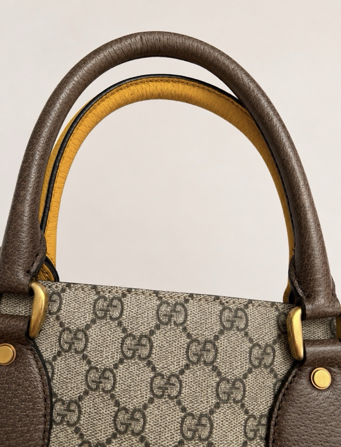 Gucci GG Pattern Web Stripe Tote Bag Zip Top Handle Beige Brown Gold