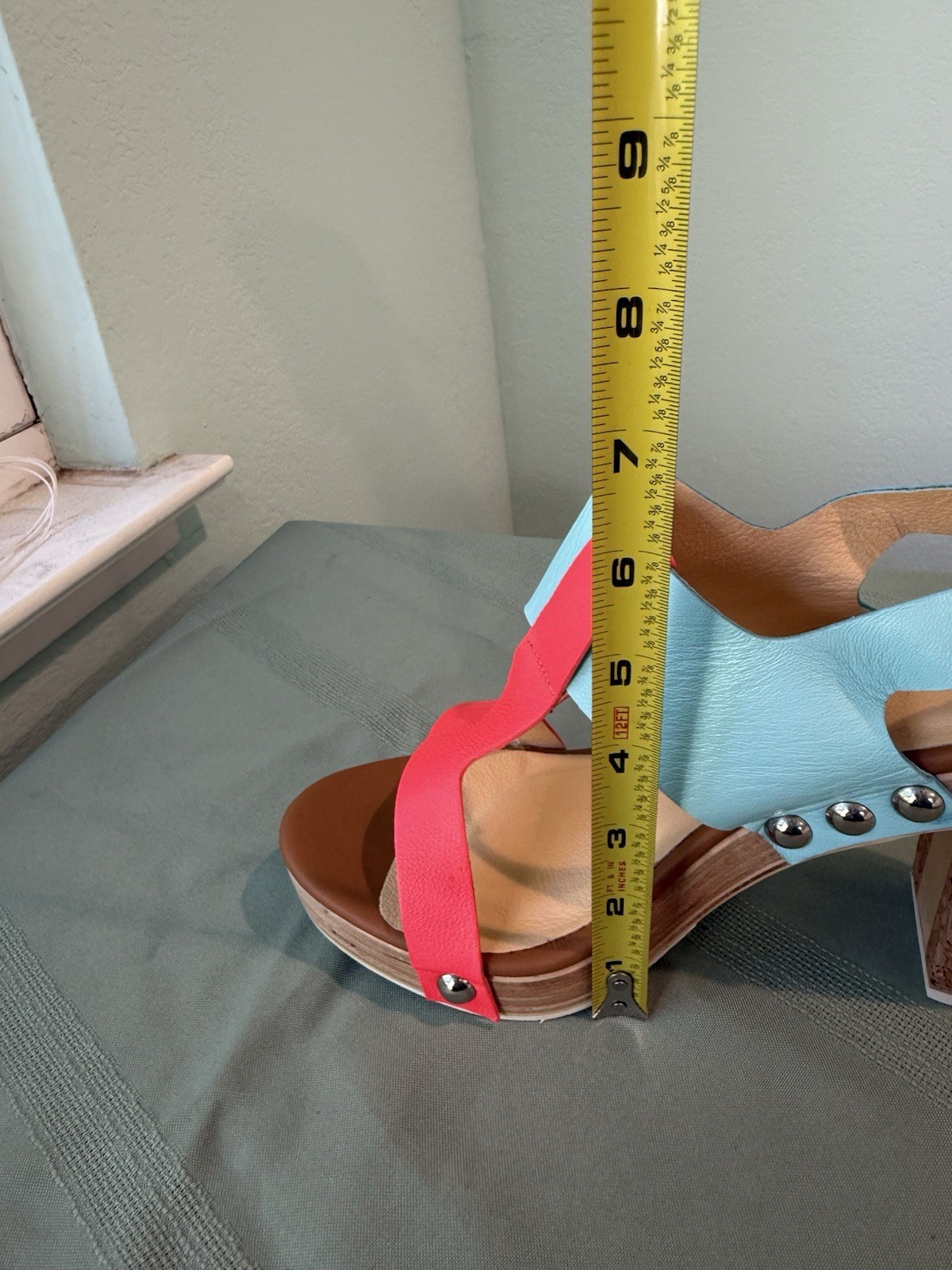 Nanette Lepore Blue/Orange Leather Strappy Studded Open Toe Block Heel 10