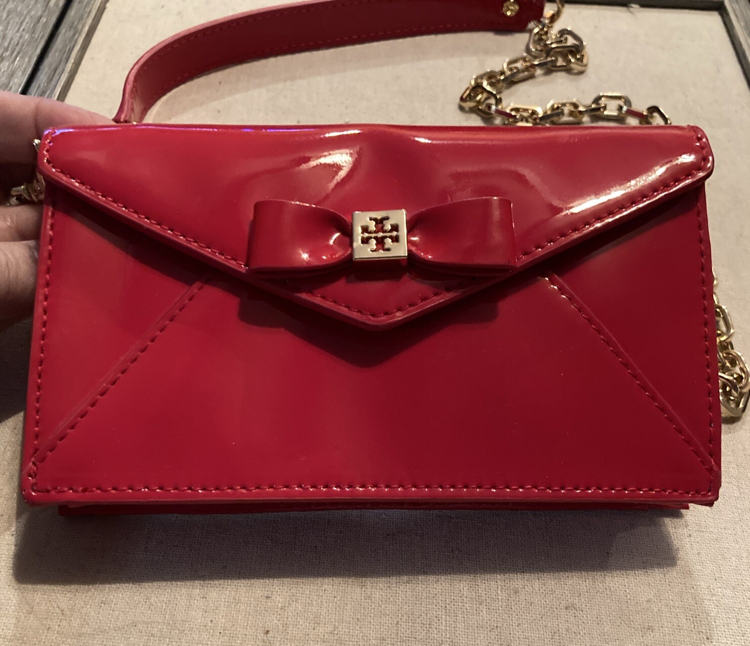 TORY BURCH Shoulder Bag Chain Mini Crossbody Ribbon Logo Patent Leather Red