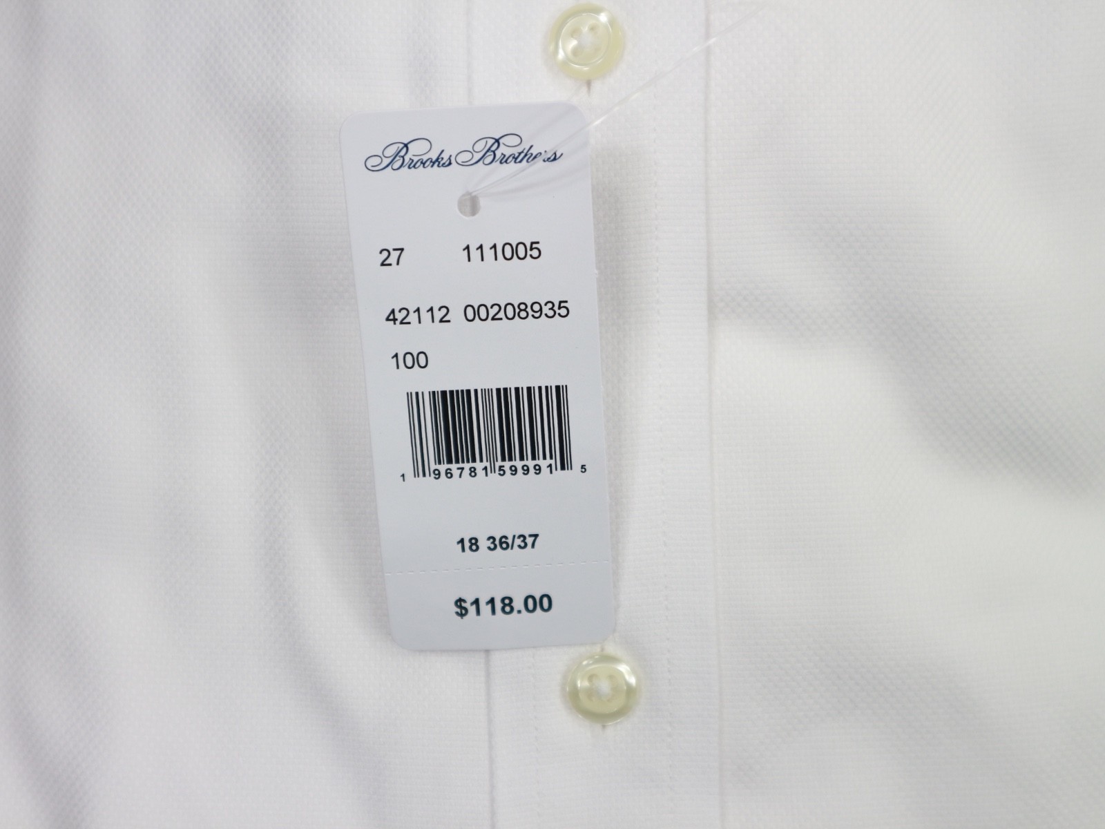 Brooks Brothers REGULAR Non-Iron All Cotton 18-36/37 Ainsley Collar White