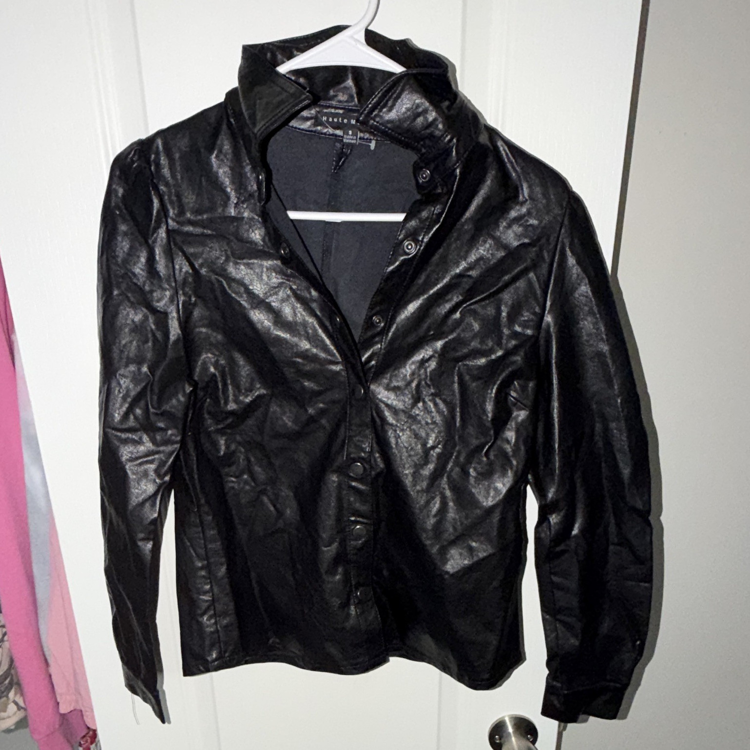 Haute Monde Women’s Black Leather Button-Front Lined Short Jacket Size S