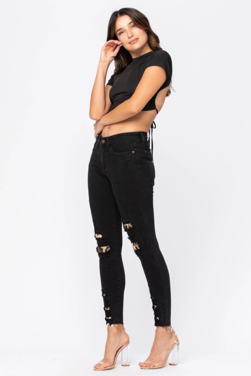NWT Judy Blue Black Leopard Patch Skinny Jeans Mid Rise Size 15/32